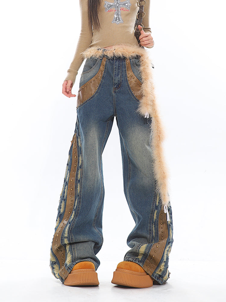 Retro Deconstructed Leather Washed Design Wide-leg Jeans UNC0188