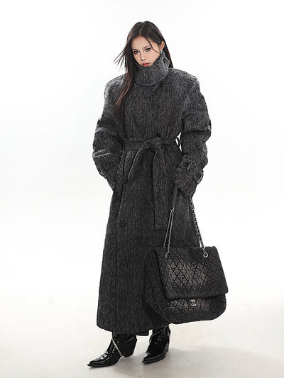 High-end Quilted Thickened Hepburn Wool High Collar Long Coat UNC0157