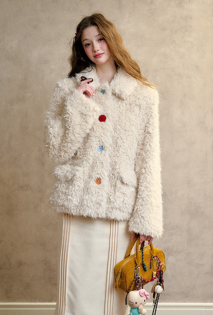 Cream Strawberry/Gray Blue Warm Curly Fur Coat GRO0093