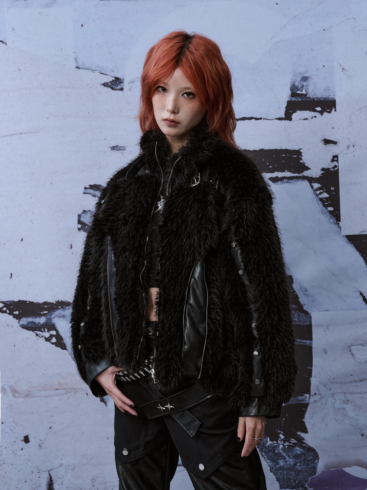 Patchwork Street Metal Punk Rivet Fur Jacket FRU0043