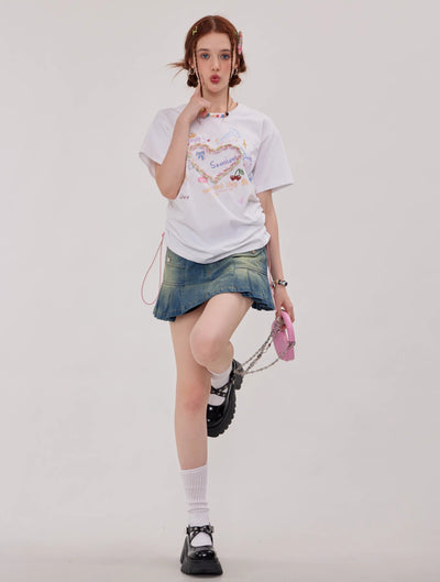 Drawstring Round Neck Three-dimensional Love Print Short-sleeved T-shirt ZIZ0116