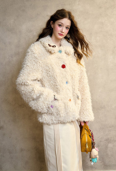 Cream Strawberry/Gray Blue Warm Curly Fur Coat GRO0093