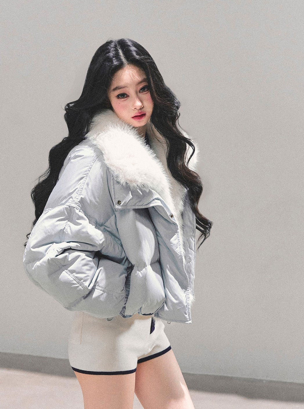 Blue Detachable Fur Collar Short Down Jacket DIA0687