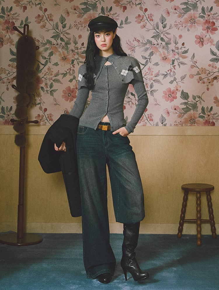 Argyle Design Long-Sleeved Knitted Cardigan LAL0230