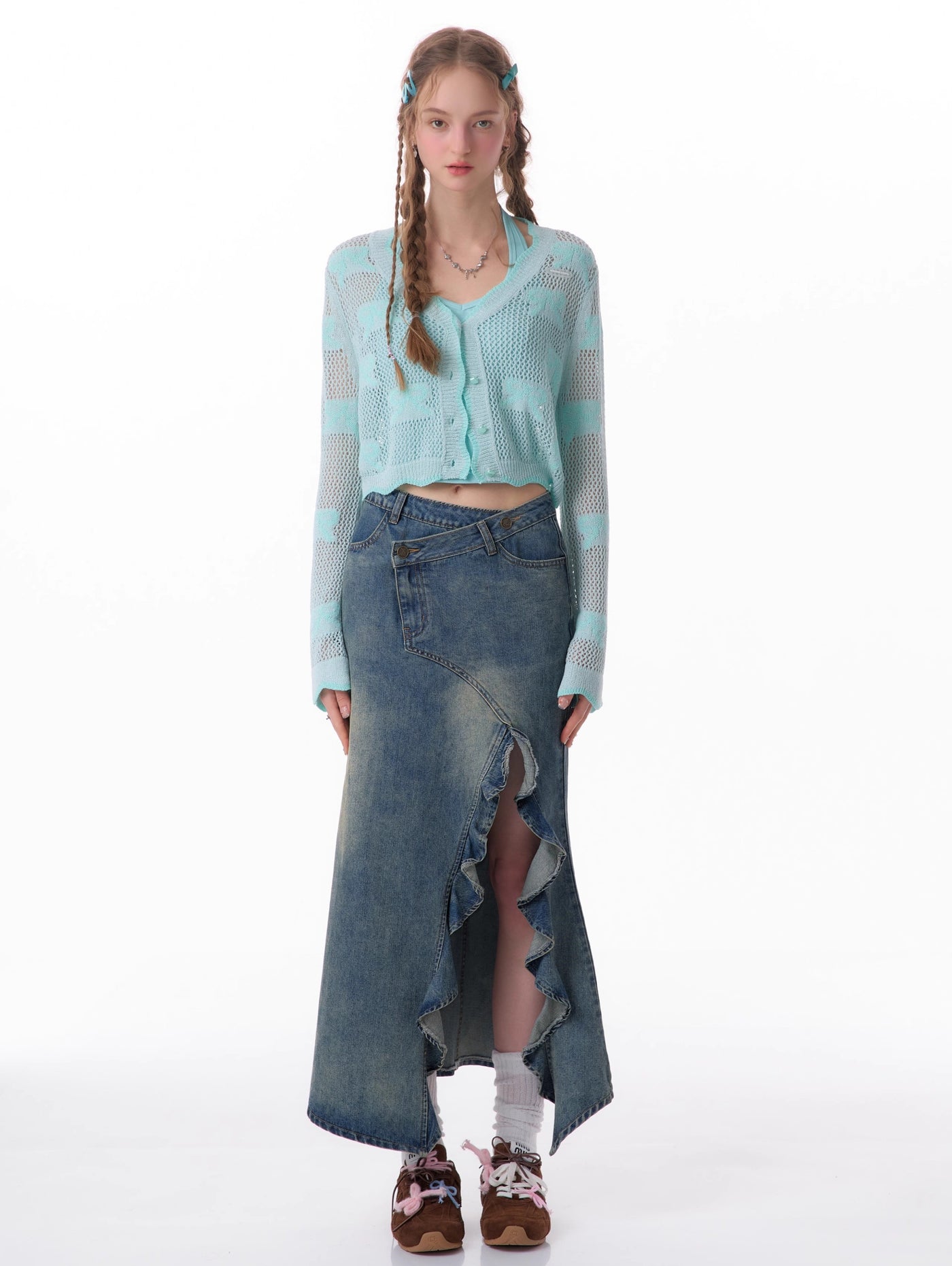 American Retro High Waist Slim Mid-length Split Denim Skirt ZIZ0082