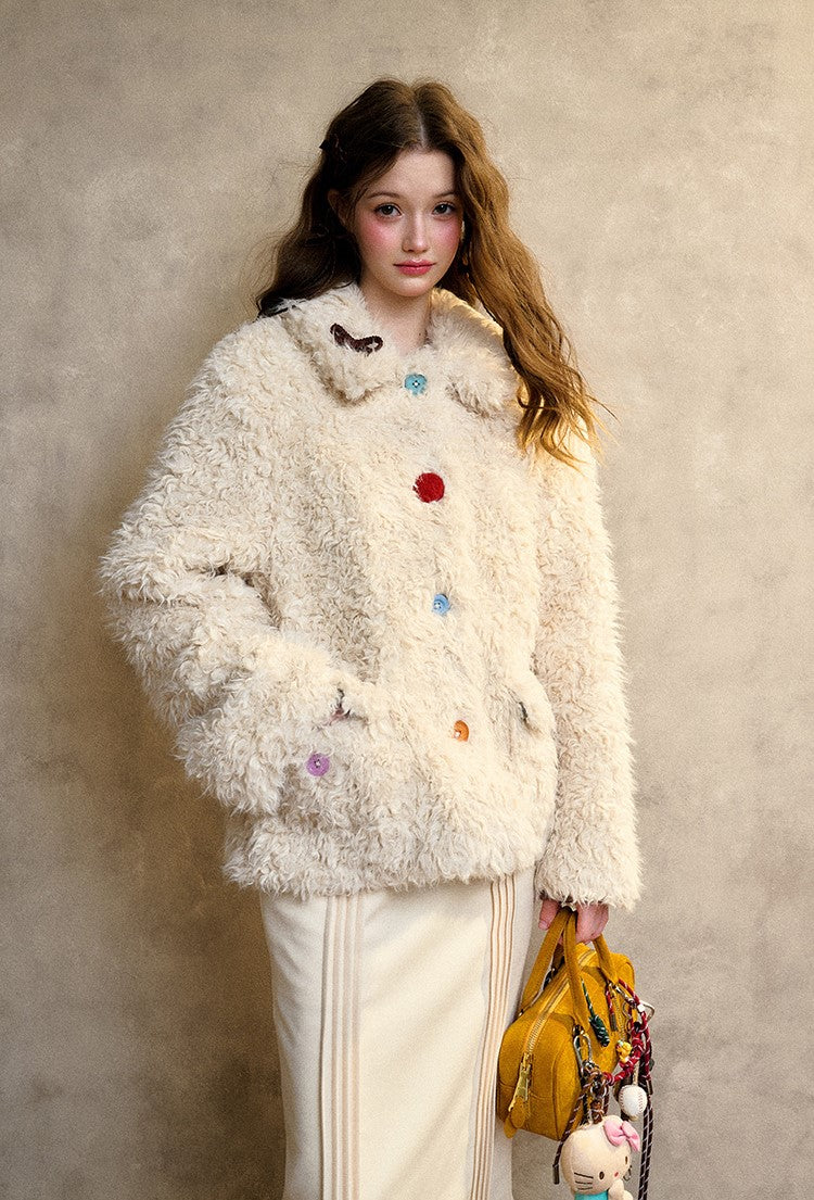 Cream Strawberry/Gray Blue Warm Curly Fur Coat GRO0093