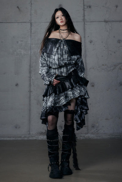 Punk Plaid Irregular Splicing Leather Skirt NOR0188