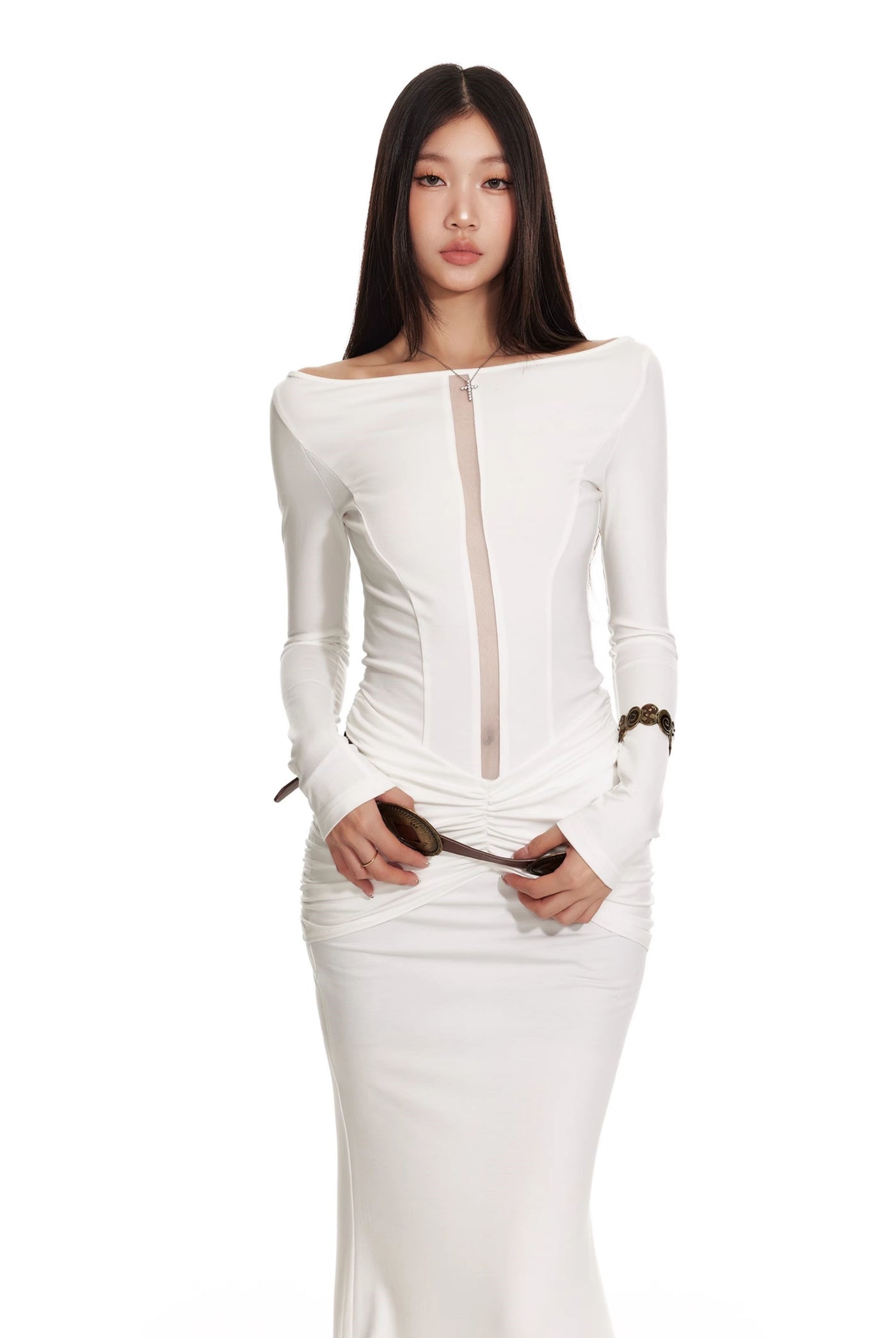 White Church Style Pleated Waist Slim Long Dress/Shawl 4MU0063