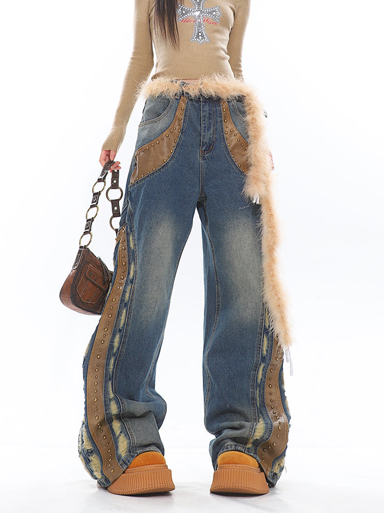 Retro Deconstructed Leather Washed Design Wide-leg Jeans UNC0188