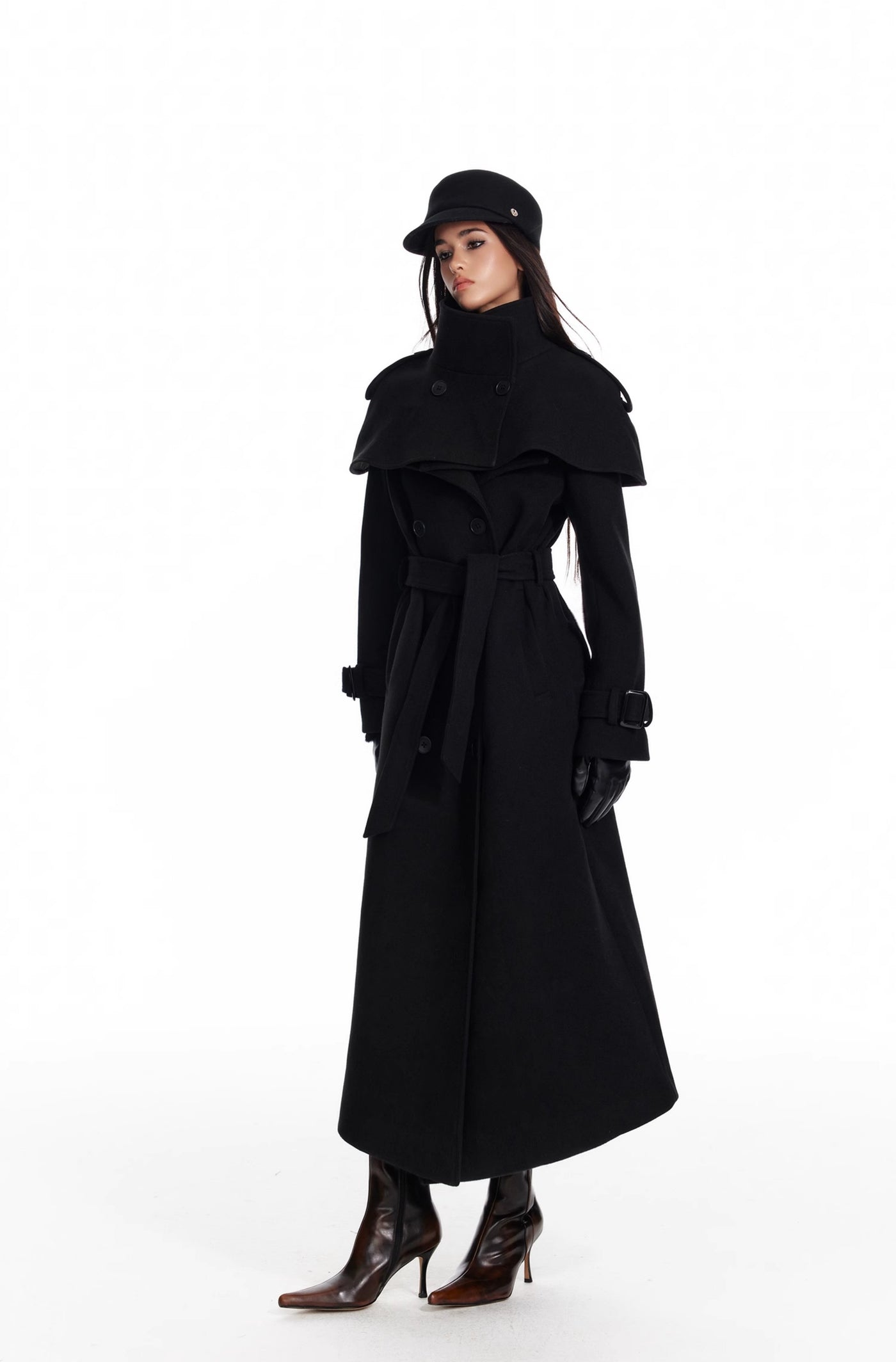 Black Detachable Cape/Woolen Long Coat 4MU0073