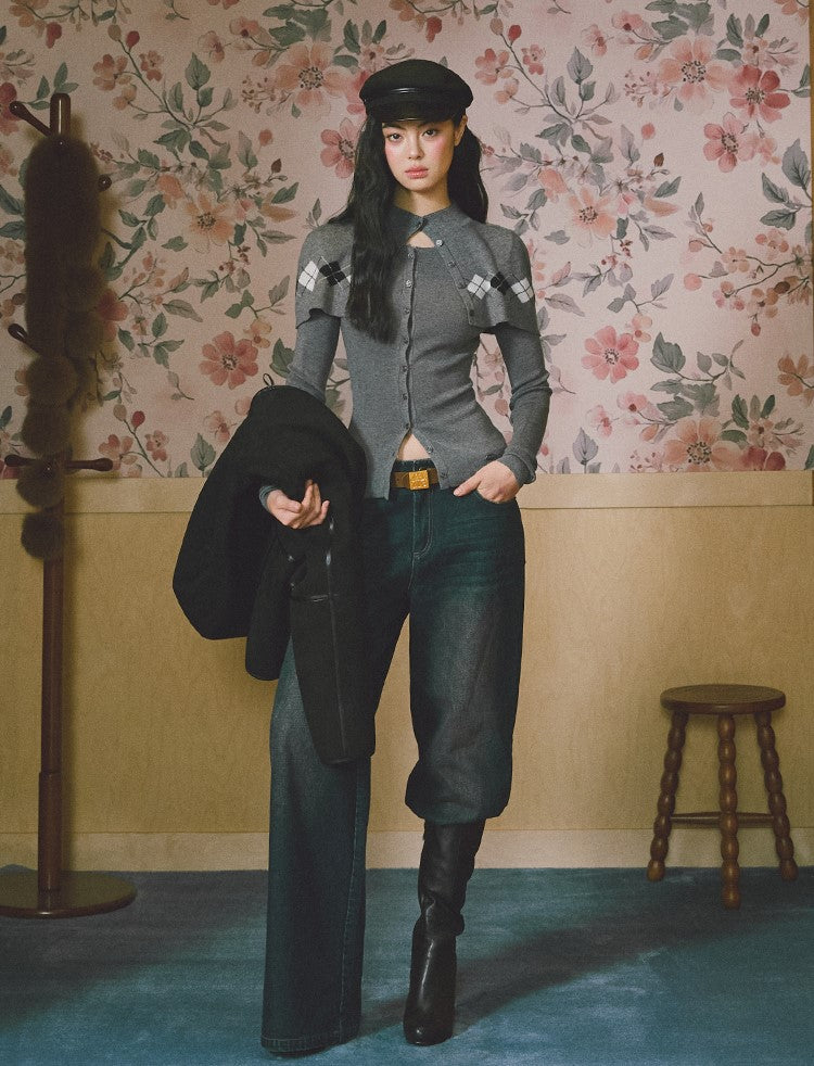 Argyle Design Long-Sleeved Knitted Cardigan LAL0230