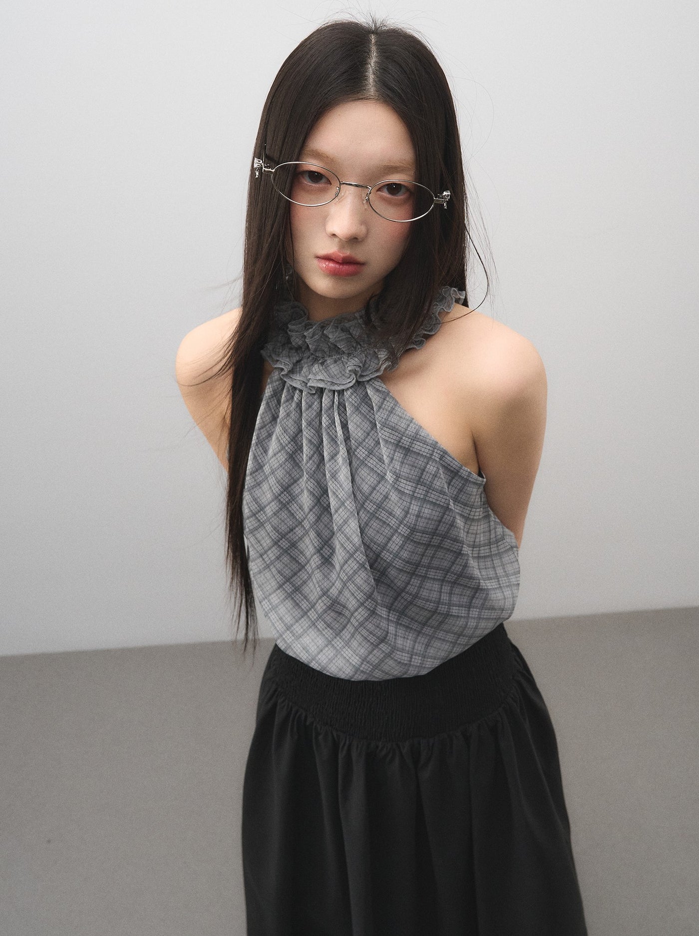 Lace Plaid Half High Neck Top LAL0175