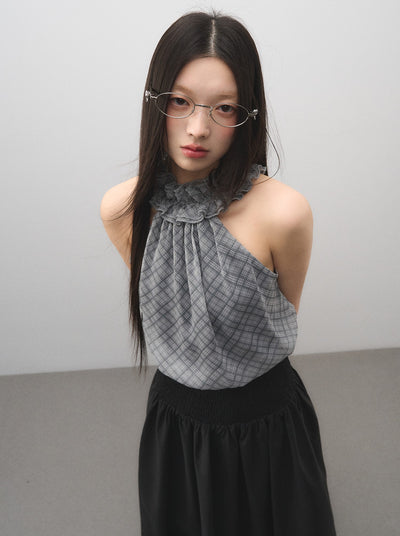 Lace Plaid Half High Neck Top LAL0175