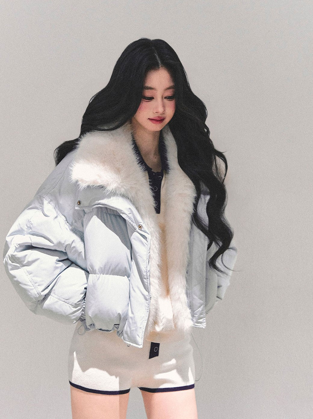 Blue Detachable Fur Collar Short Down Jacket DIA0687