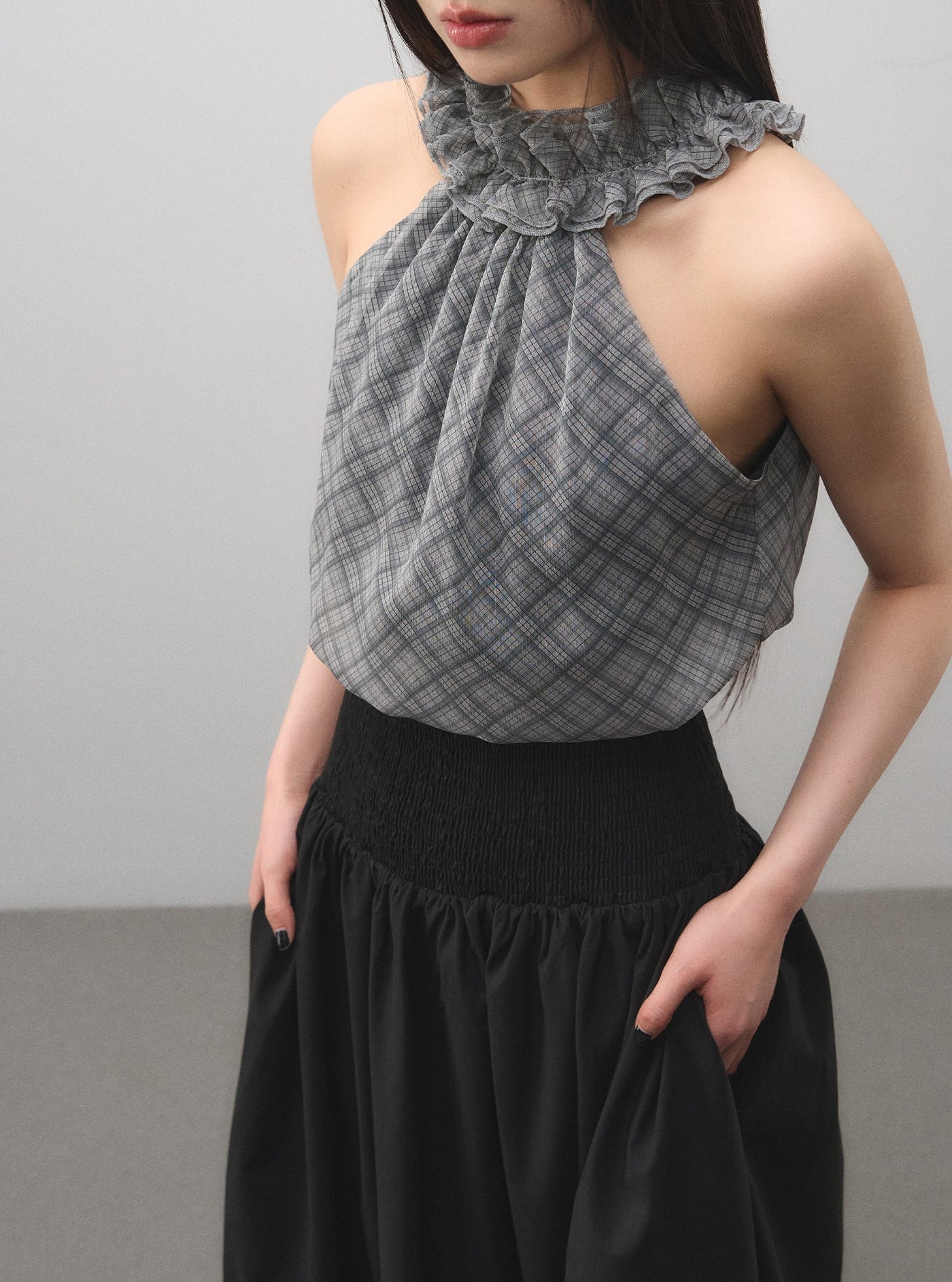 Lace Plaid Half High Neck Top LAL0175