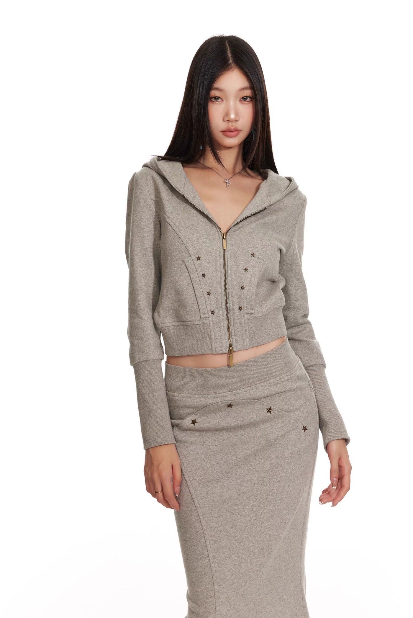 Hooded Sweatshirt Jacket/Fishtail Long Skirt 4MU0067