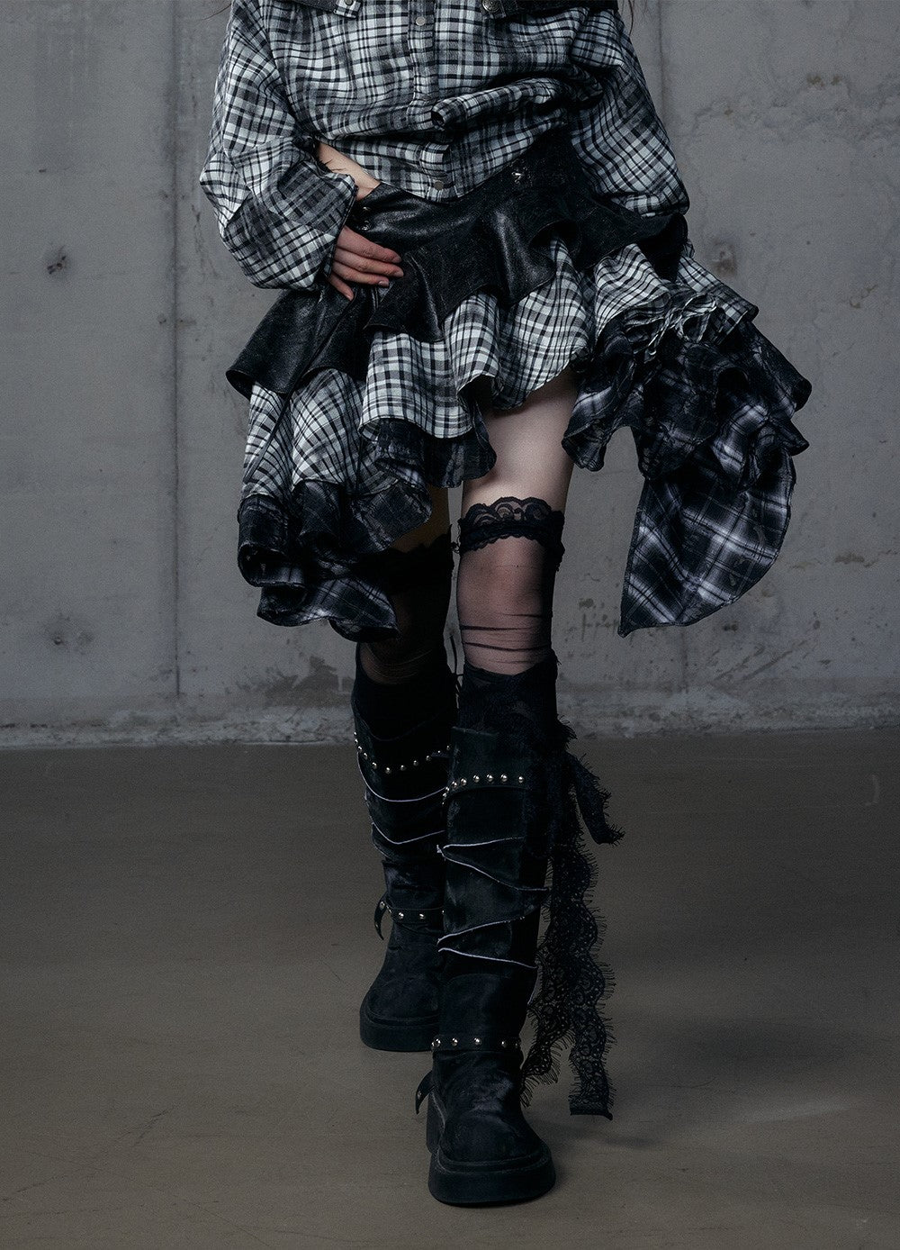 Punk Plaid Irregular Splicing Leather Skirt NOR0188