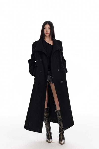 Black Detachable Cape/Woolen Long Coat 4MU0073