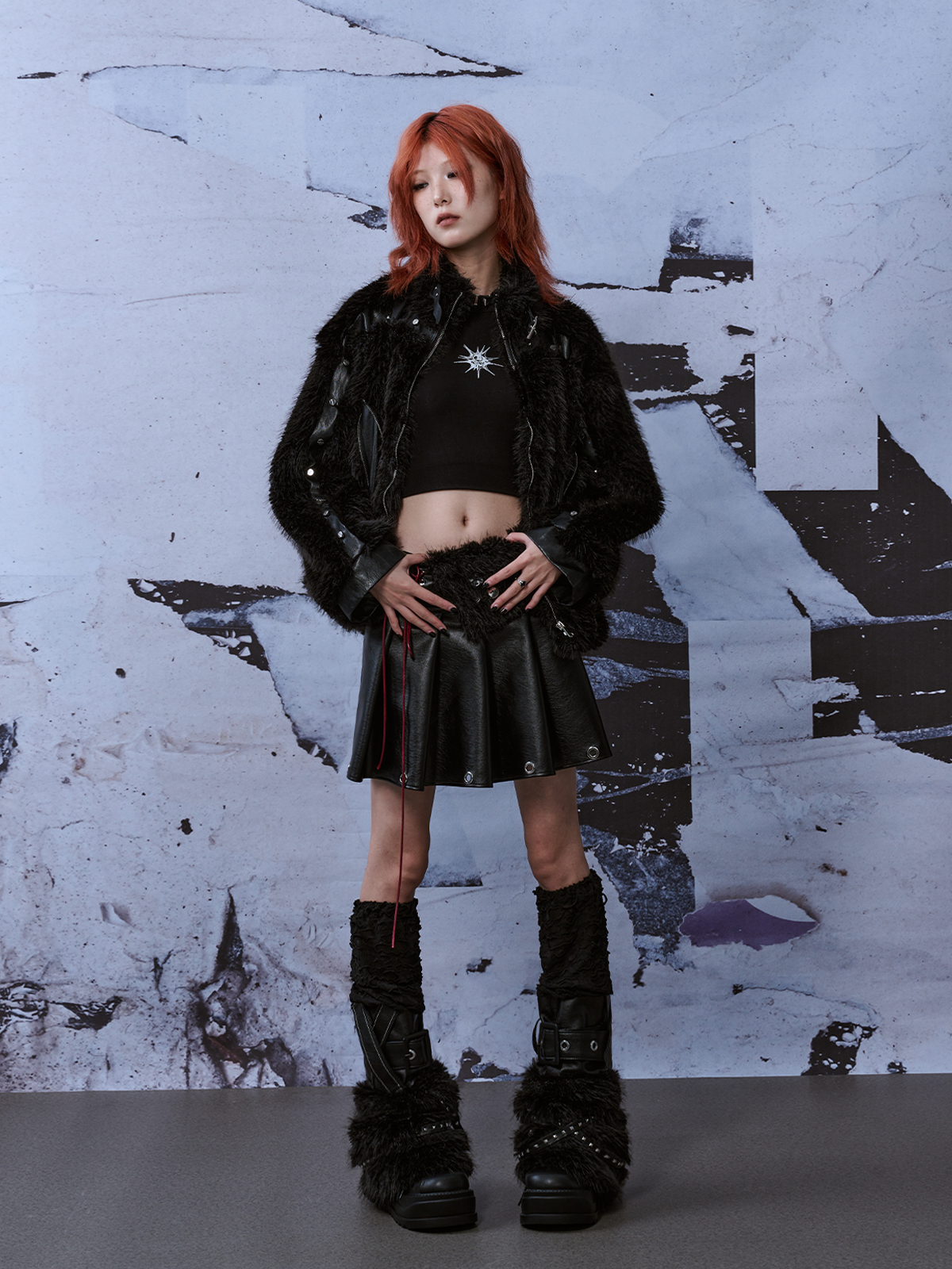 Patchwork Street Metal Punk Rivet Fur Jacket FRU0043