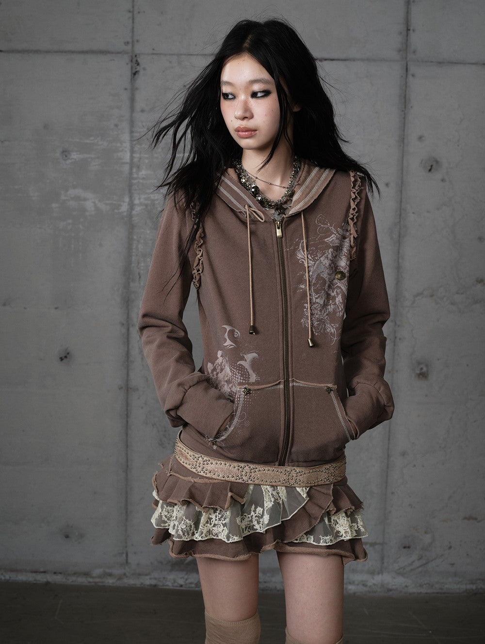 Printed Lace Detachable Hooded Dress NOR0207