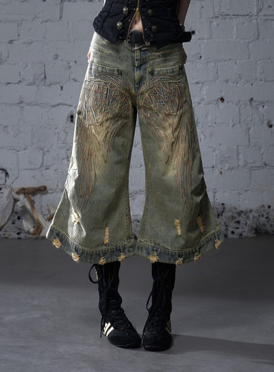 Punk Embroidered Wings Cropped Jeans NOR0177
