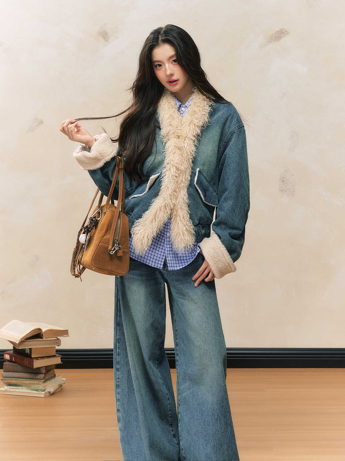 Versatile Fur Collar Denim Plush Jacket SHI0107