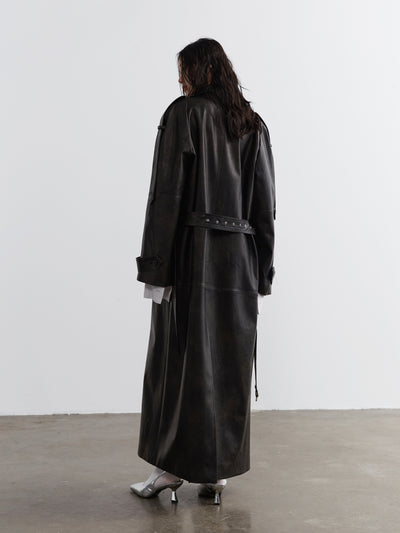 Genderless Dark Brown Leather Maxi Trench Coat JNY0116
