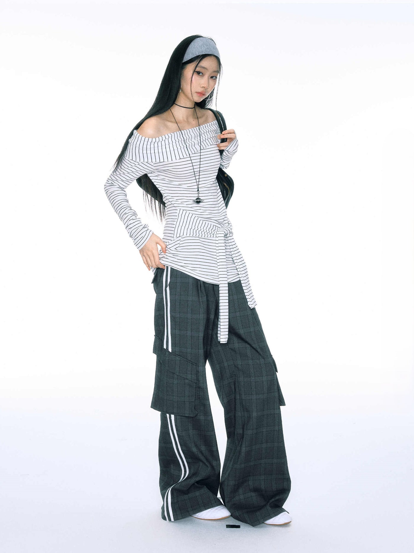 Plaid Loose Drape Workwear Straight Wide-leg Mopping Pants CUR0154