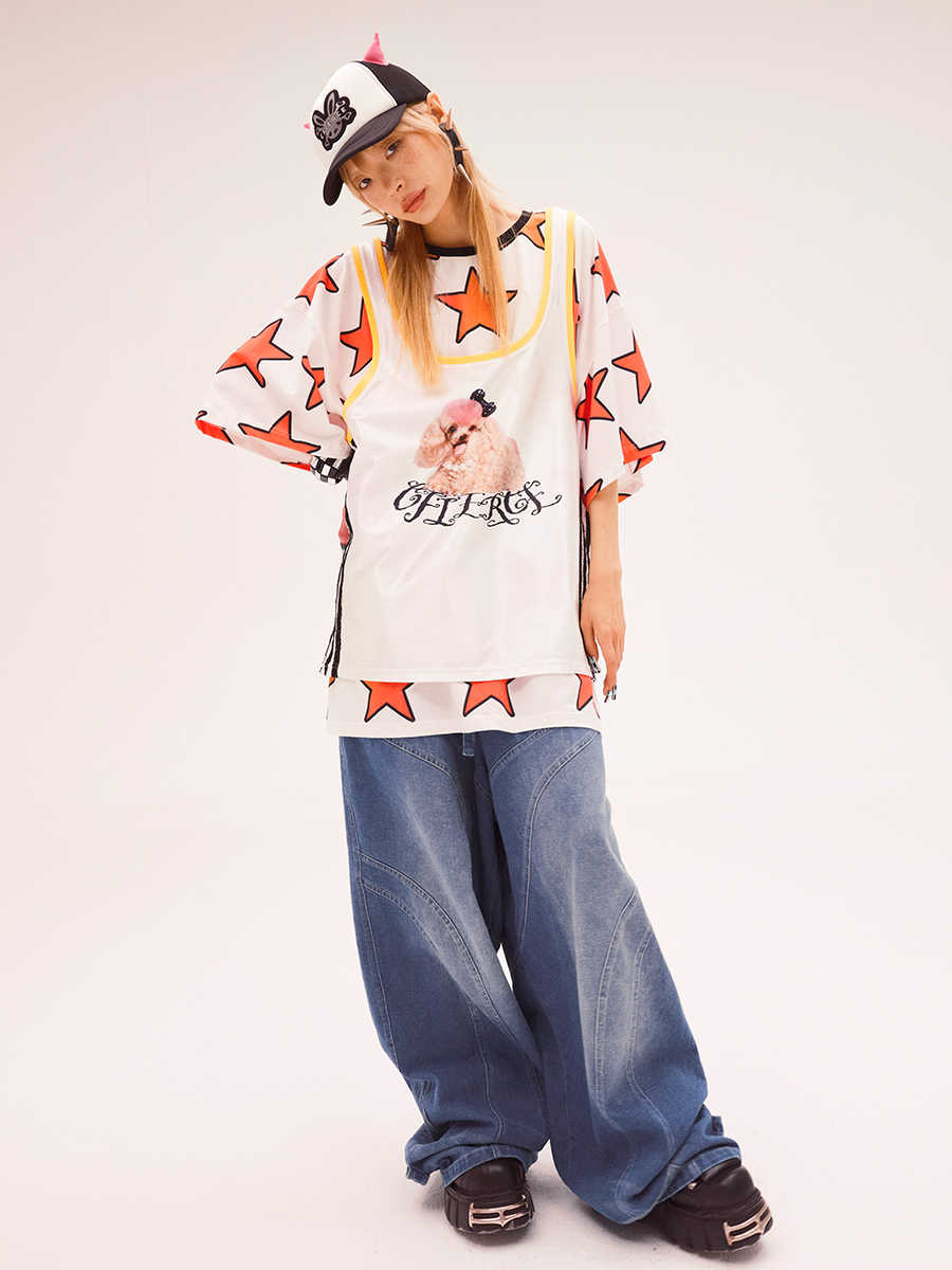 Star Print Oversized Bicolor T-Shirt CFI0055