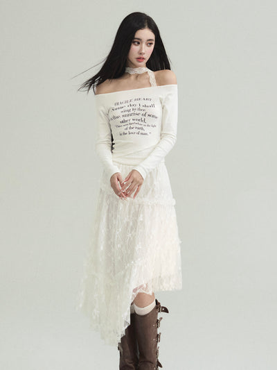 Slim White One Shoulder Letter Printed T-shirt/Skirt FRA0195