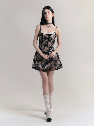 Butterfly Imprint Lace Layered Suspender Dress FRA0180