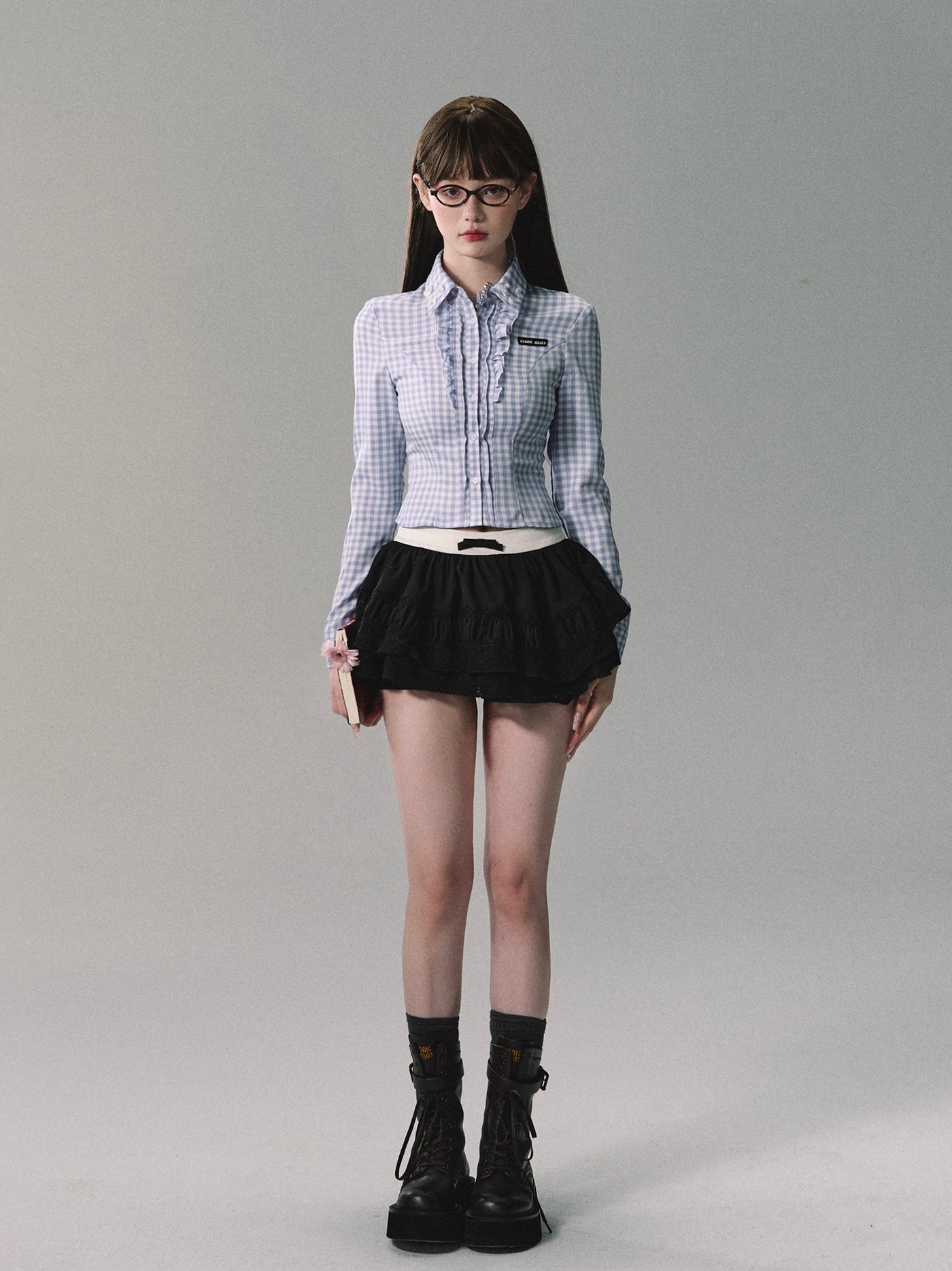 Blue And White Plaid Shirt/Pleated Skirt OAK0215