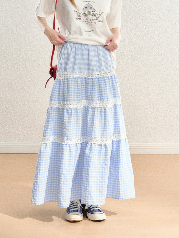 Lace Switched Checked Pattern Gathered Long Skirt SPE0057