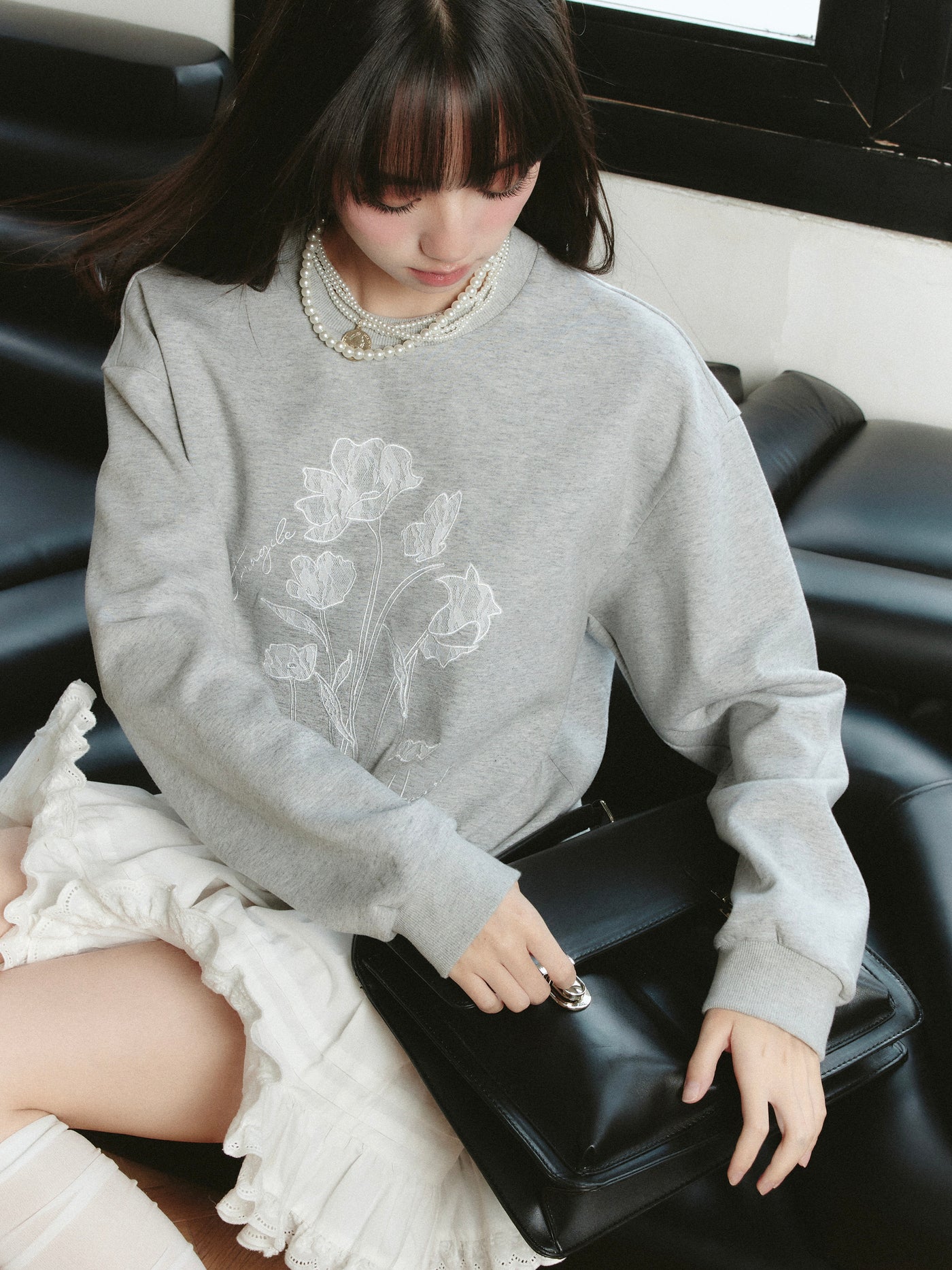 American Graffiti Lazy Gray Round Neck Long Sleeve Sweatshirt/Skirt FRA0204