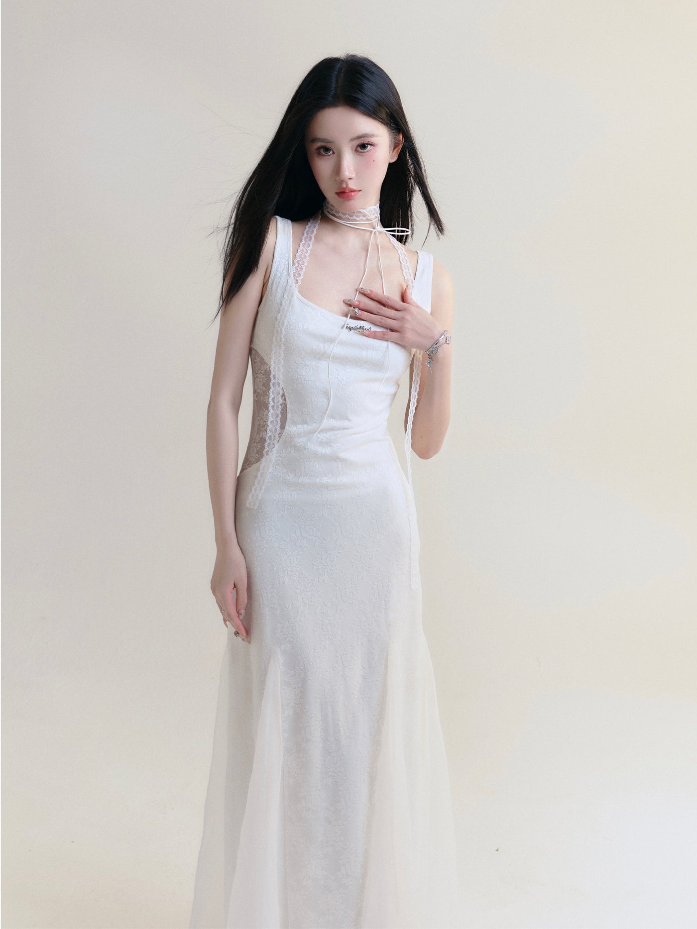 White Romantic Lace Hollow Design Fishtail Dress FRA0172