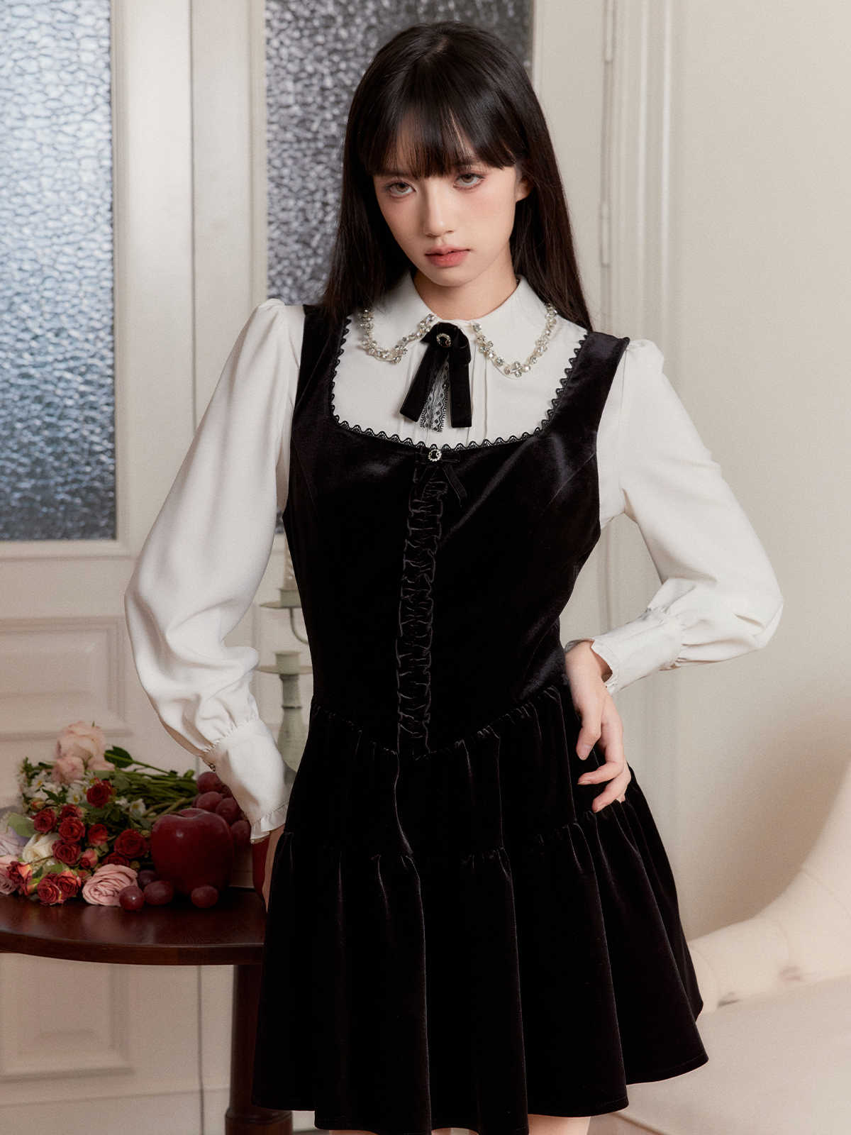 Princess Style Velvet Overall Black Dress/White Shirt FRA0255