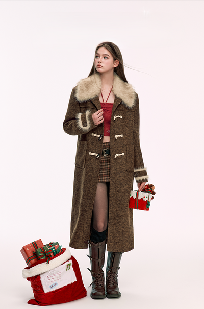 Retro Detachable Fur Collar Horn Button Long Coat WOO0136