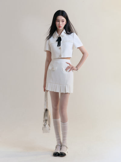 Gold Feeling Pleated White Skirt FRA0186