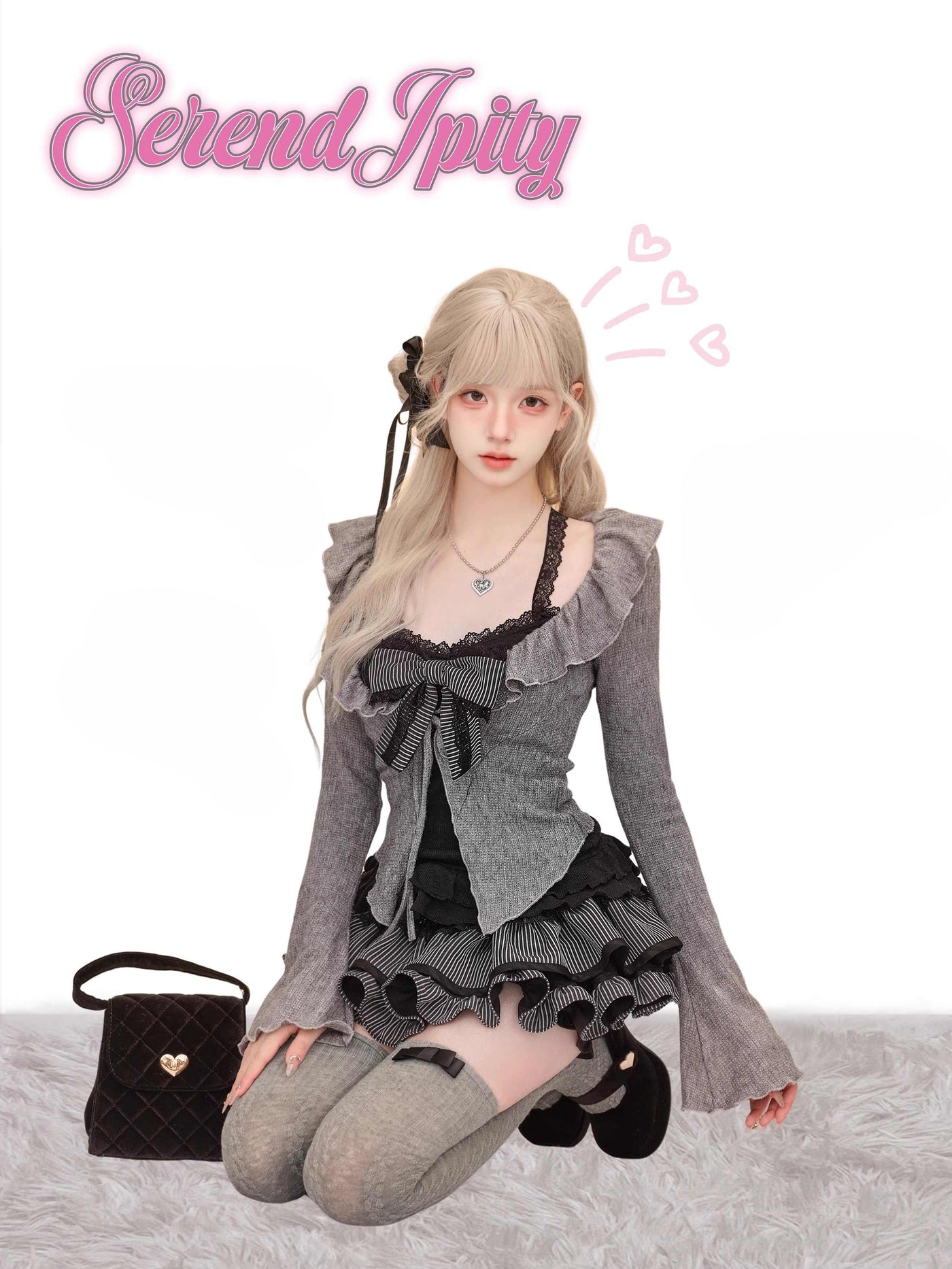 Twilight Black Lace Camisole/Gray Knit Cardigan/Short Skirt SER0084