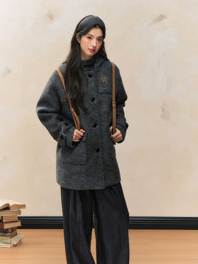 College Style Woolen Quilted Hooded Horn Button Coat SHI0088