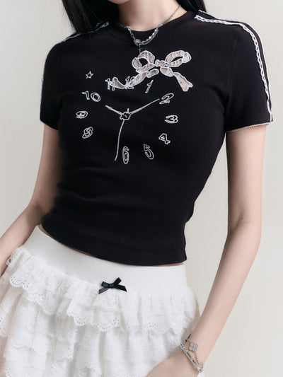 Basic Versatile Clock Embroidery Slim Short Sleeve T-shirt FRA0184