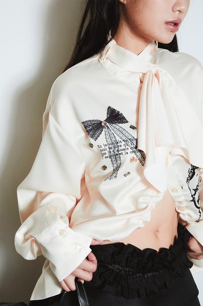 Chandelier Lace Bow Letter Print Diamond Drawstring Satin Shirt SEL0012