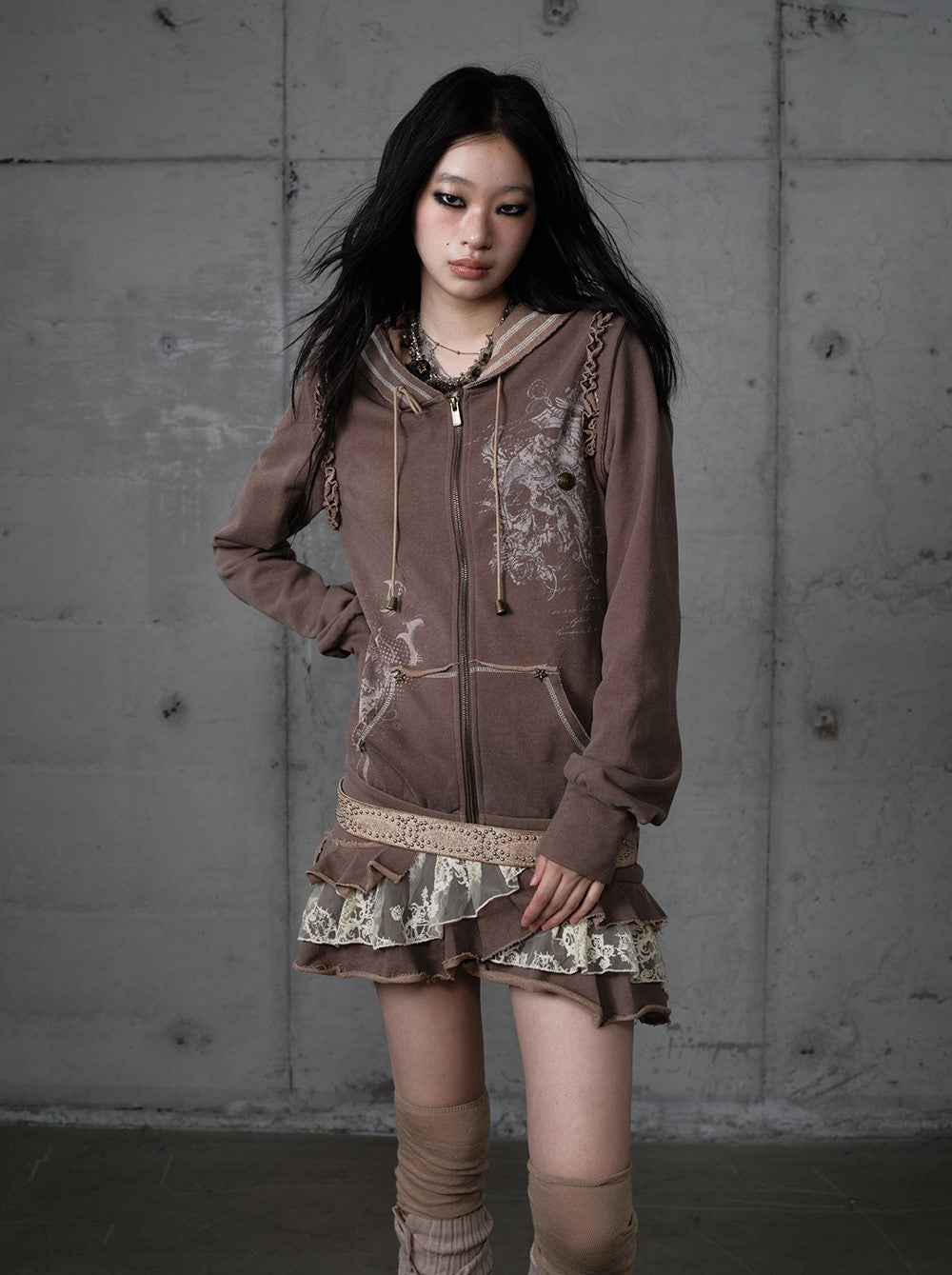 Printed Lace Detachable Hooded Dress NOR0207