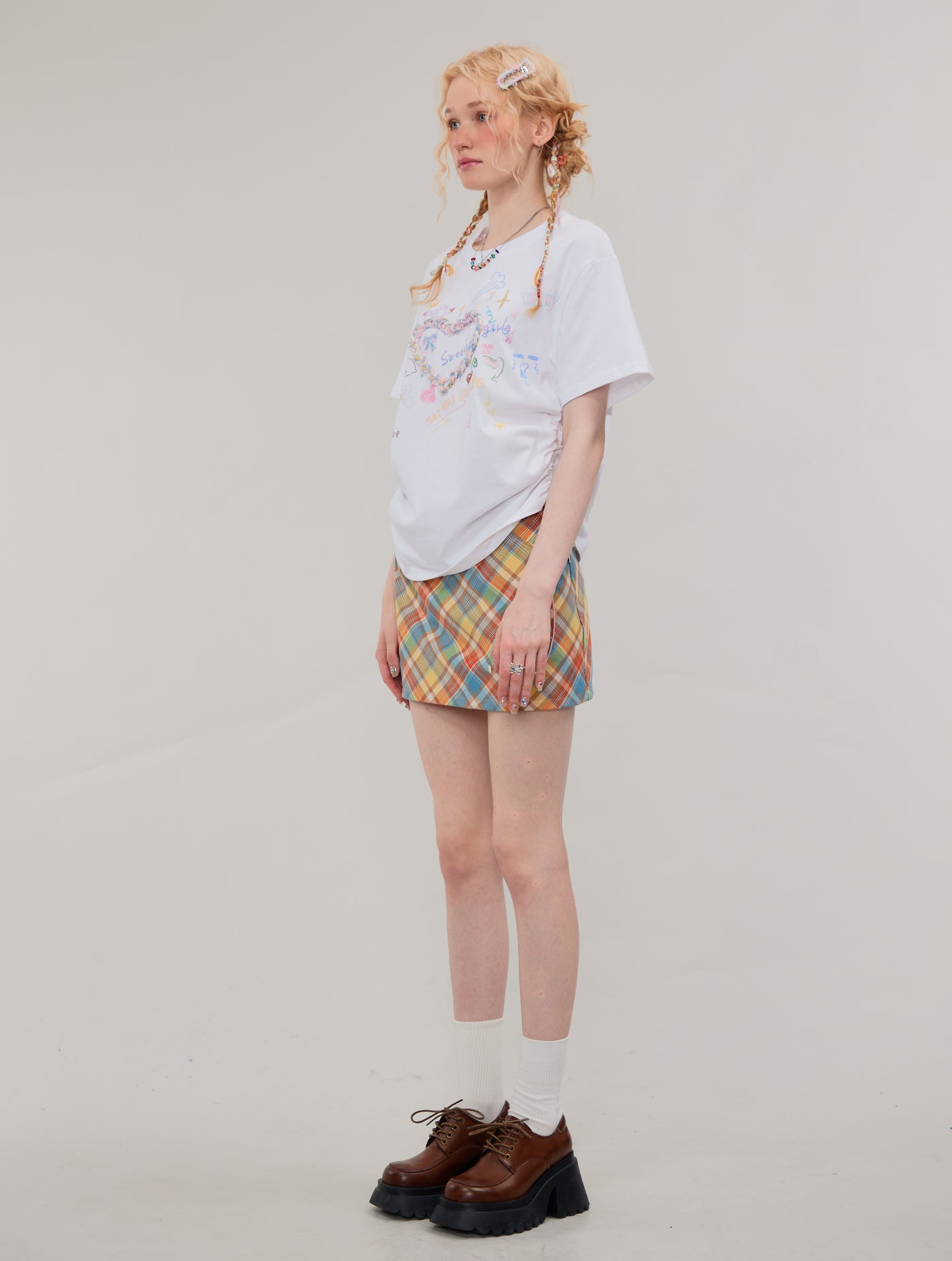 Drawstring Round Neck Three-dimensional Love Print Short-sleeved T-shirt ZIZ0116