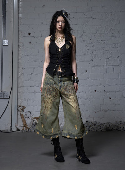Punk Embroidered Wings Cropped Jeans NOR0177