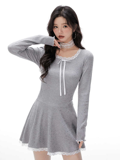 Bow Lace Slim Knit A-Line Dress IMO0072