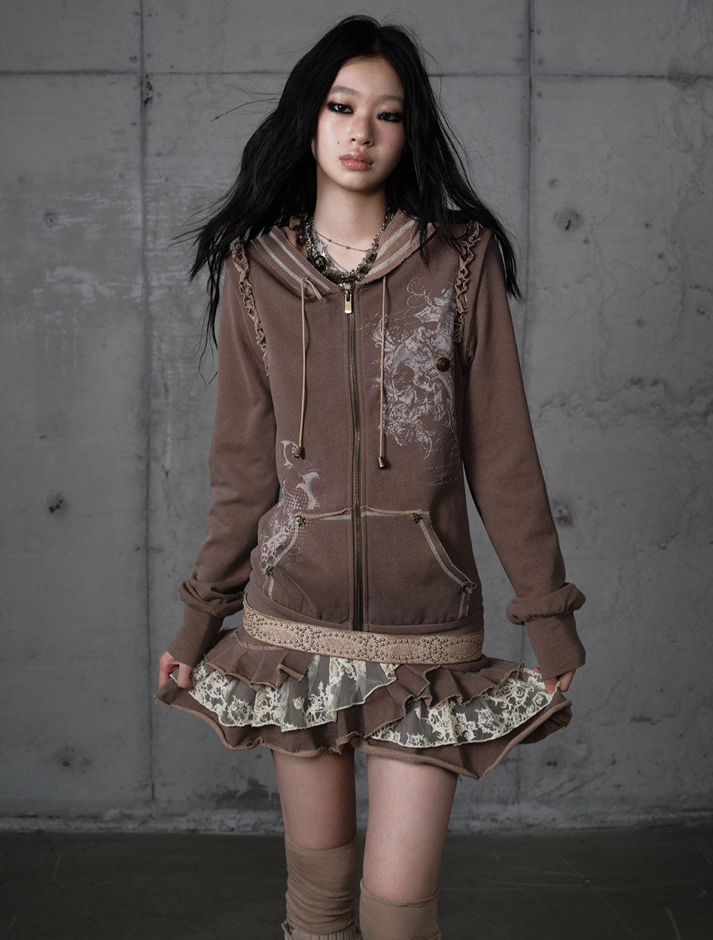 Printed Lace Detachable Hooded Dress NOR0207