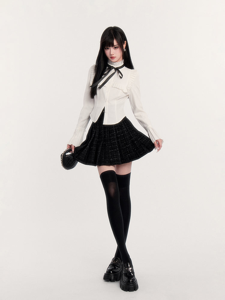 White Shirt/Suit Tweed Jacket/Pleated Skirt VOC0264