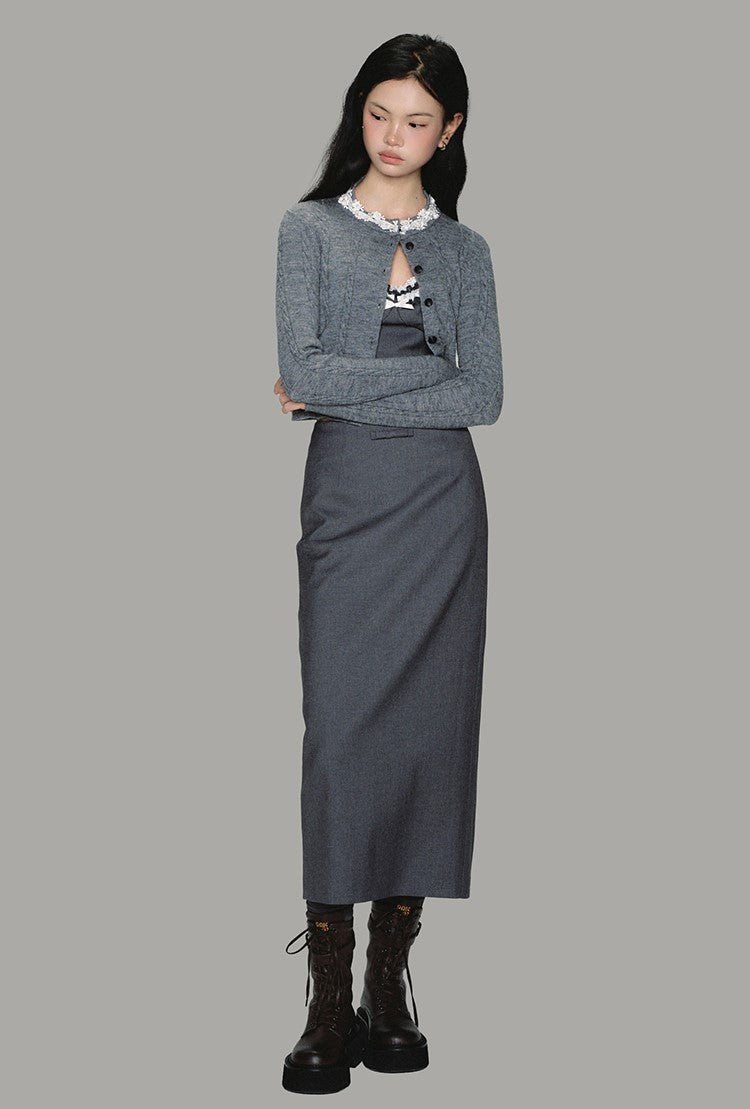 Gray Straight Slit Medium-length Long Skirt OAK0221