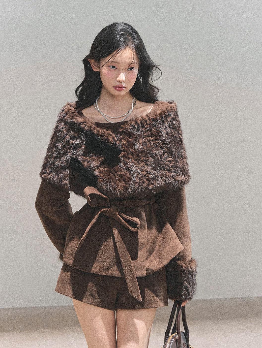 Detachable Cuffs Quilted Jacket/Ribbon Shawl/Shorts DIA0729